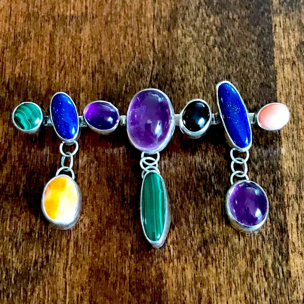 Nakai Signed Sterling Silver Navajo Gem Brooch